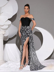 Luxury Shiny Heavy Crystal Diamond Sequins See-Through Mesh Long Dress One-Shoulder Neck Sexy Bodycon