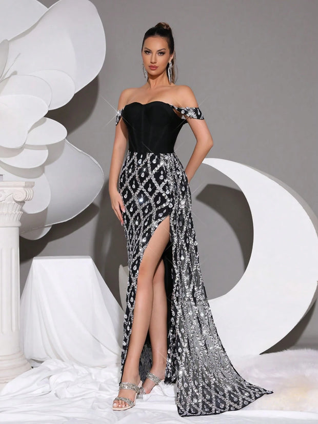 Luxury Shiny Heavy Crystal Diamond Sequins See-Through Mesh Long Dress One-Shoulder Neck Sexy Bodycon
