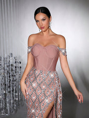Luxury Shiny Heavy Crystal Diamond Sequins See-Through Mesh Long Dress One-Shoulder Neck Sexy Bodycon