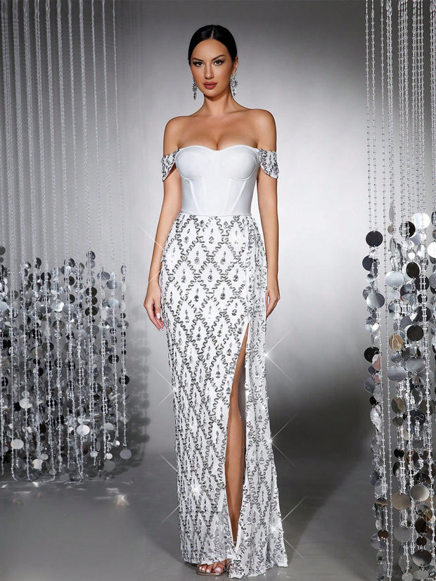 Luxury Shiny Heavy Crystal Diamond Sequins See-Through Mesh Long Dress One-Shoulder Neck Sexy Bodycon