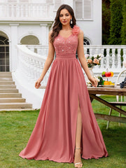 MIUSOL Sequin Floral Lace Sweetheart Neck Sleeveless Ruched Chiffon Split Thigh Formal Party Maxi Dress