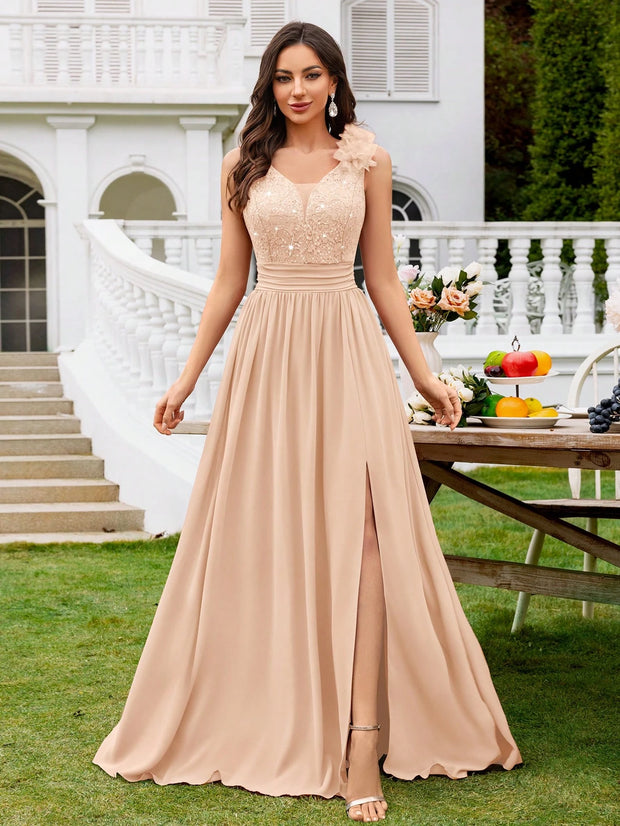 MIUSOL Sequin Floral Lace Sweetheart Neck Sleeveless Ruched Chiffon Split Thigh Formal Party Maxi Dress