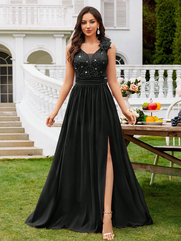 MIUSOL Sequin Floral Lace Sweetheart Neck Sleeveless Ruched Chiffon Split Thigh Formal Party Maxi Dress