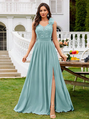 MIUSOL Sequin Floral Lace Sweetheart Neck Sleeveless Ruched Chiffon Split Thigh Formal Party Maxi Dress