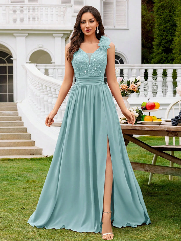 MIUSOL Sequin Floral Lace Sweetheart Neck Sleeveless Ruched Chiffon Split Thigh Formal Party Maxi Dress