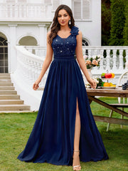 MIUSOL Sequin Floral Lace Sweetheart Neck Sleeveless Ruched Chiffon Split Thigh Formal Party Maxi Dress