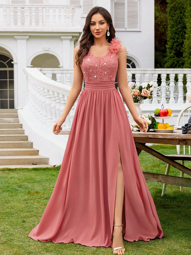 MIUSOL Sequin Floral Lace Sweetheart Neck Sleeveless Ruched Chiffon Split Thigh Formal Party Maxi Dress
