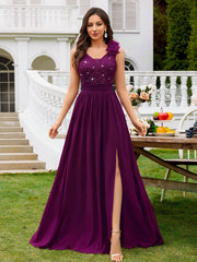 MIUSOL Sequin Floral Lace Sweetheart Neck Sleeveless Ruched Chiffon Split Thigh Formal Party Maxi Dress