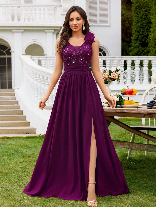 MIUSOL Sequin Floral Lace Sweetheart Neck Sleeveless Ruched Chiffon Split Thigh Formal Party Maxi Dress