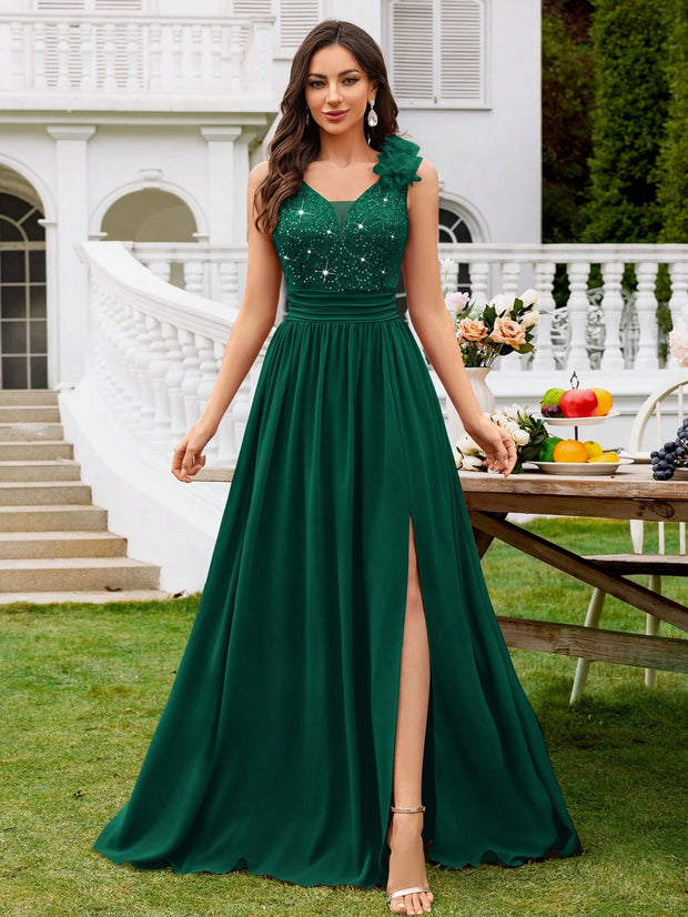 MIUSOL Sequin Floral Lace Sweetheart Neck Sleeveless Ruched Chiffon Split Thigh Formal Party Maxi Dress