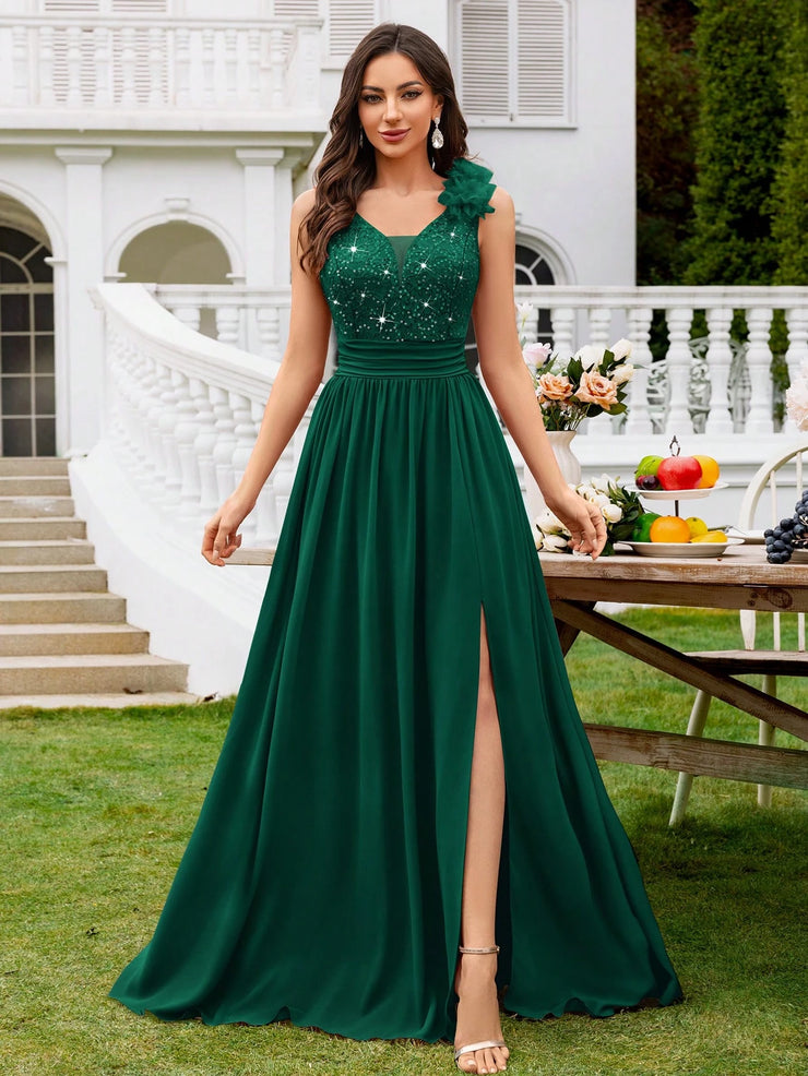 MIUSOL Sequin Floral Lace Sweetheart Neck Sleeveless Ruched Chiffon Split Thigh Formal Party Maxi Dress
