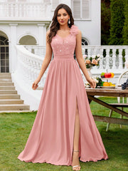 MIUSOL Sequin Floral Lace Sweetheart Neck Sleeveless Ruched Chiffon Split Thigh Formal Party Maxi Dress