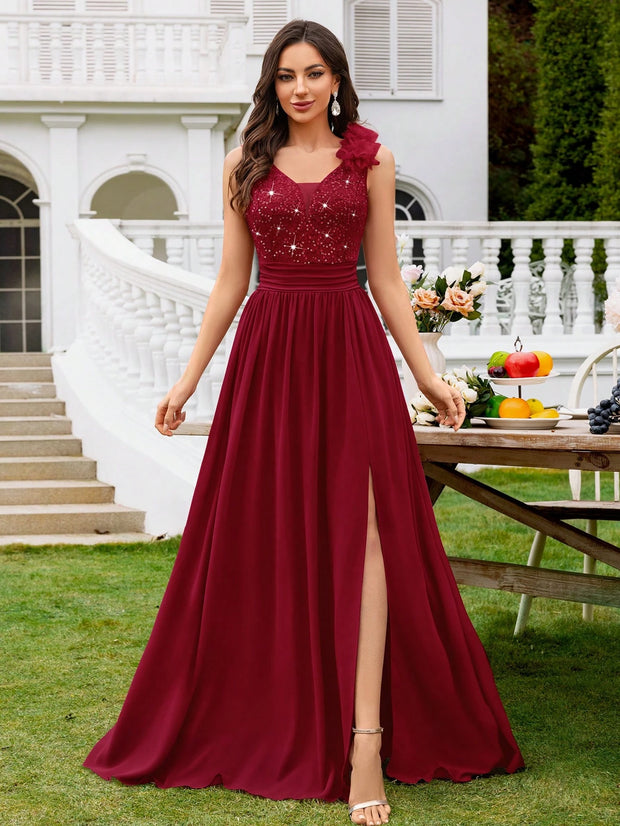 MIUSOL Sequin Floral Lace Sweetheart Neck Sleeveless Ruched Chiffon Split Thigh Formal Party Maxi Dress