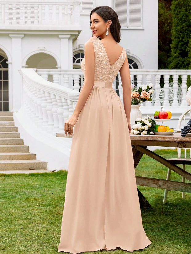 MIUSOL Sequin Floral Lace Sweetheart Neck Sleeveless Ruched Chiffon Split Thigh Formal Party Maxi Dress
