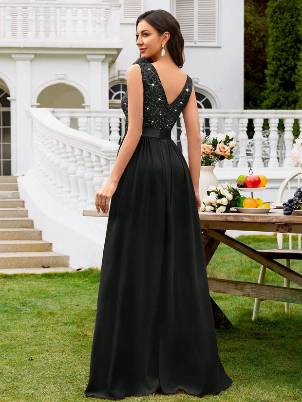 MIUSOL Sequin Floral Lace Sweetheart Neck Sleeveless Ruched Chiffon Split Thigh Formal Party Maxi Dress