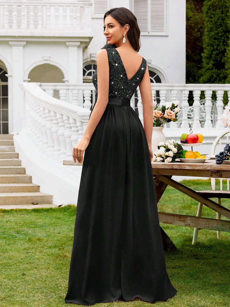MIUSOL Sequin Floral Lace Sweetheart Neck Sleeveless Ruched Chiffon Split Thigh Formal Party Maxi Dress