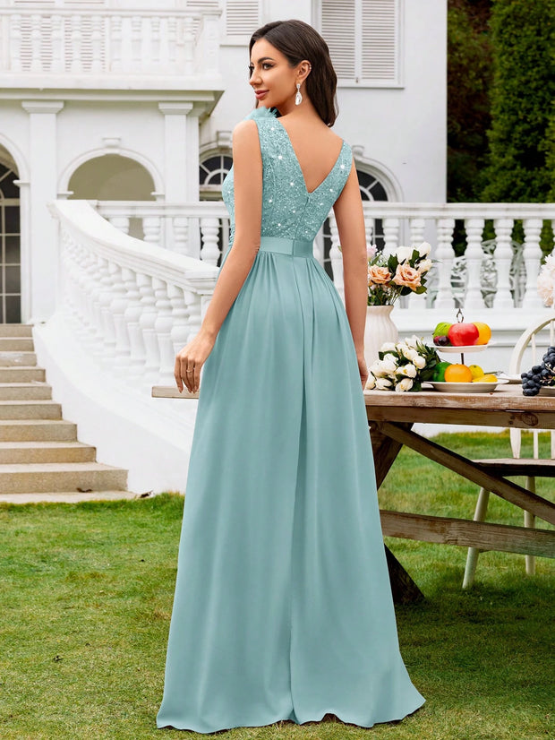 MIUSOL Sequin Floral Lace Sweetheart Neck Sleeveless Ruched Chiffon Split Thigh Formal Party Maxi Dress