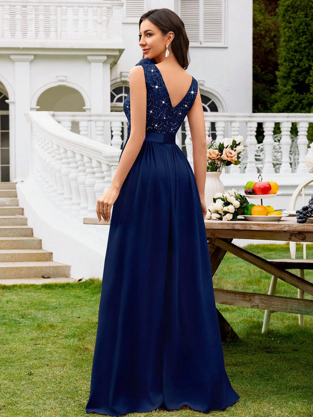 MIUSOL Sequin Floral Lace Sweetheart Neck Sleeveless Ruched Chiffon Split Thigh Formal Party Maxi Dress