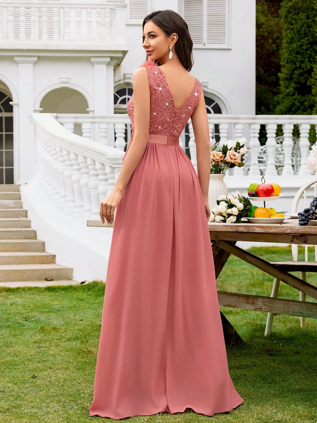 MIUSOL Sequin Floral Lace Sweetheart Neck Sleeveless Ruched Chiffon Split Thigh Formal Party Maxi Dress