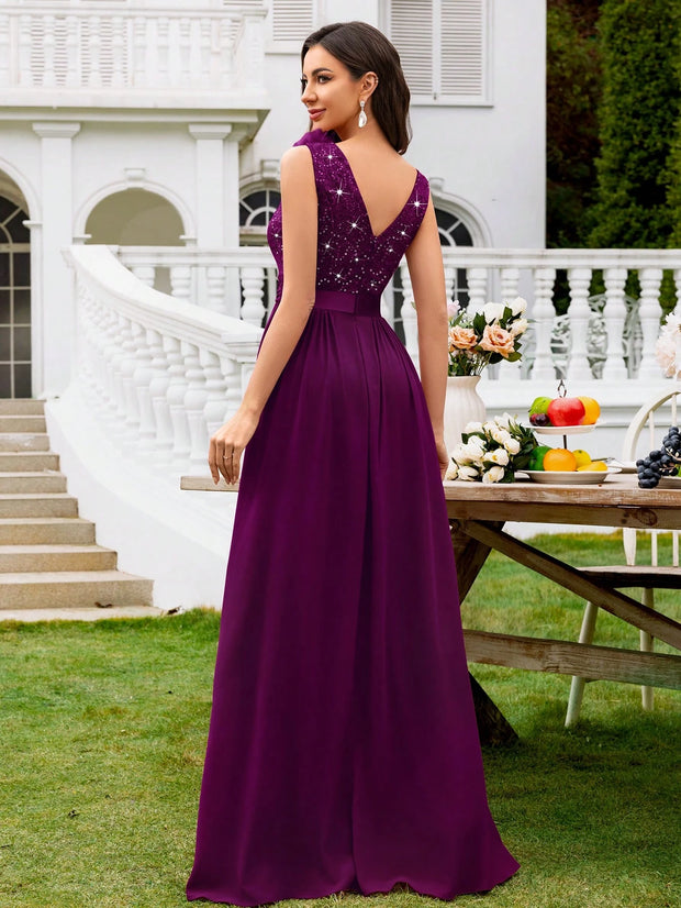 MIUSOL Sequin Floral Lace Sweetheart Neck Sleeveless Ruched Chiffon Split Thigh Formal Party Maxi Dress