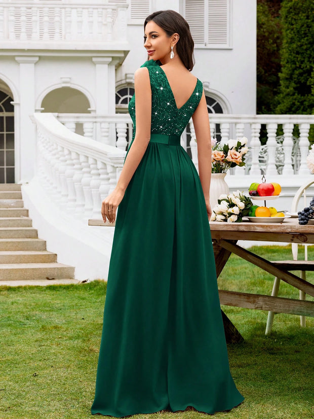 MIUSOL Sequin Floral Lace Sweetheart Neck Sleeveless Ruched Chiffon Split Thigh Formal Party Maxi Dress