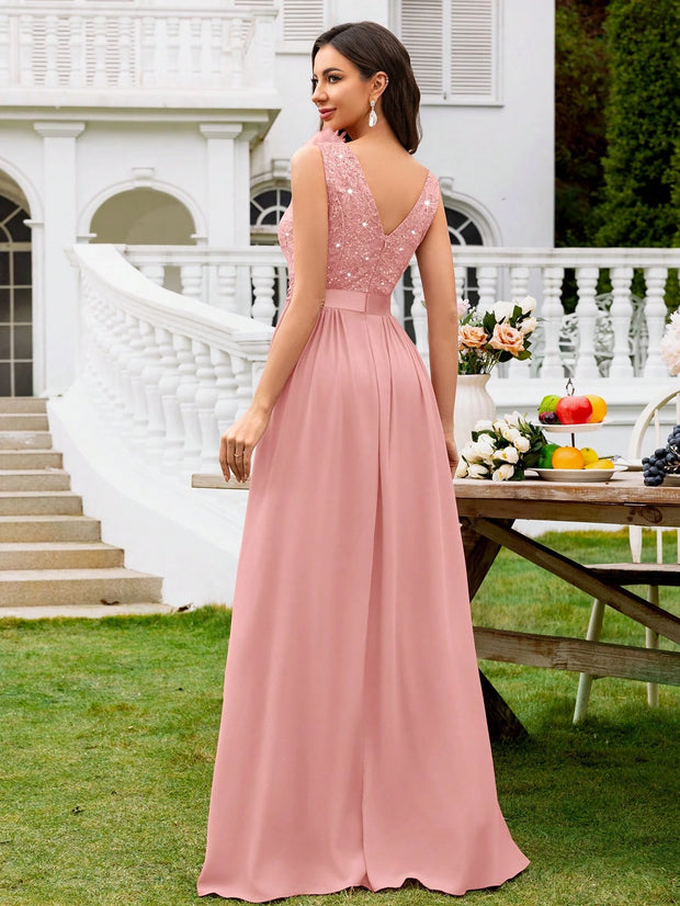 MIUSOL Sequin Floral Lace Sweetheart Neck Sleeveless Ruched Chiffon Split Thigh Formal Party Maxi Dress