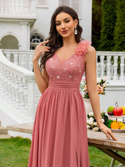 MIUSOL Sequin Floral Lace Sweetheart Neck Sleeveless Ruched Chiffon Split Thigh Formal Party Maxi Dress