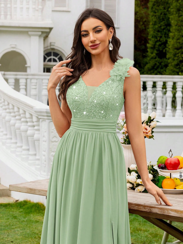 MIUSOL Sequin Floral Lace Sweetheart Neck Sleeveless Ruched Chiffon Split Thigh Formal Party Maxi Dress