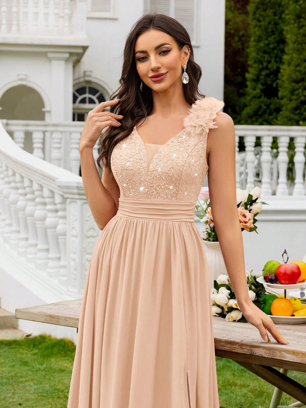 MIUSOL Sequin Floral Lace Sweetheart Neck Sleeveless Ruched Chiffon Split Thigh Formal Party Maxi Dress