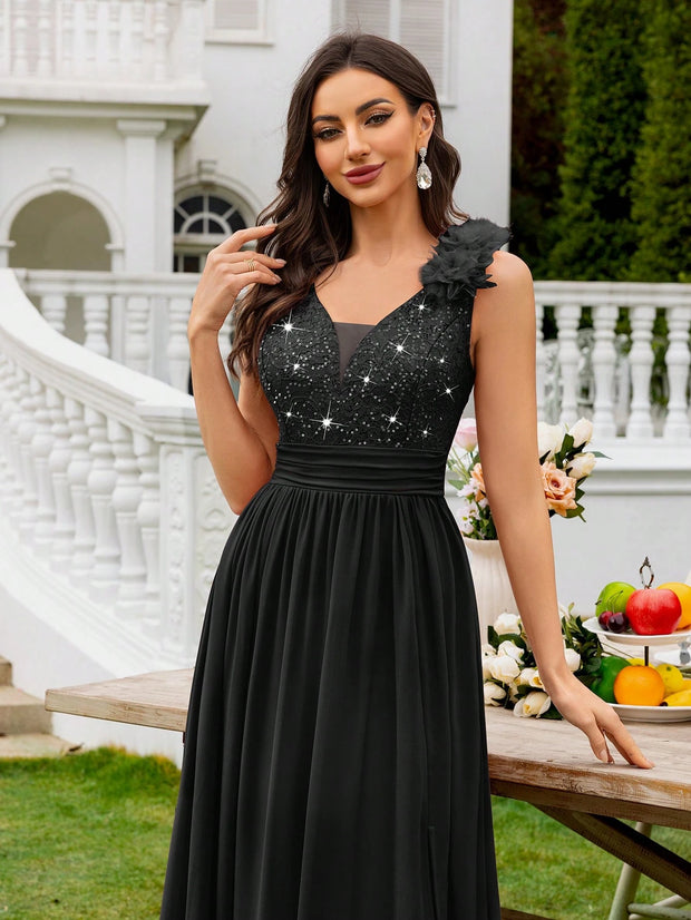 MIUSOL Sequin Floral Lace Sweetheart Neck Sleeveless Ruched Chiffon Split Thigh Formal Party Maxi Dress