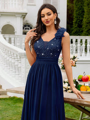 MIUSOL Sequin Floral Lace Sweetheart Neck Sleeveless Ruched Chiffon Split Thigh Formal Party Maxi Dress