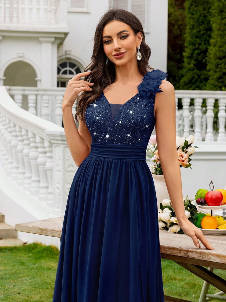 MIUSOL Sequin Floral Lace Sweetheart Neck Sleeveless Ruched Chiffon Split Thigh Formal Party Maxi Dress