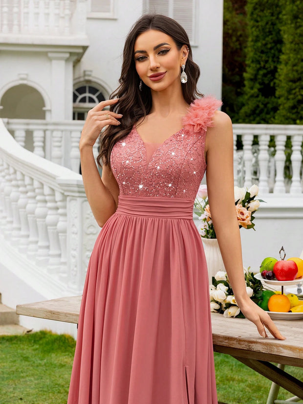 MIUSOL Sequin Floral Lace Sweetheart Neck Sleeveless Ruched Chiffon Split Thigh Formal Party Maxi Dress