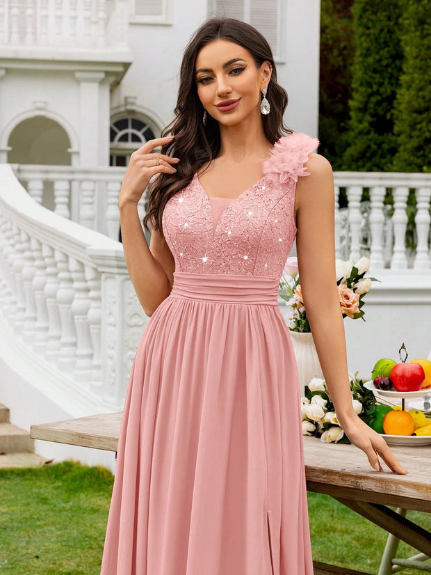 MIUSOL Sequin Floral Lace Sweetheart Neck Sleeveless Ruched Chiffon Split Thigh Formal Party Maxi Dress