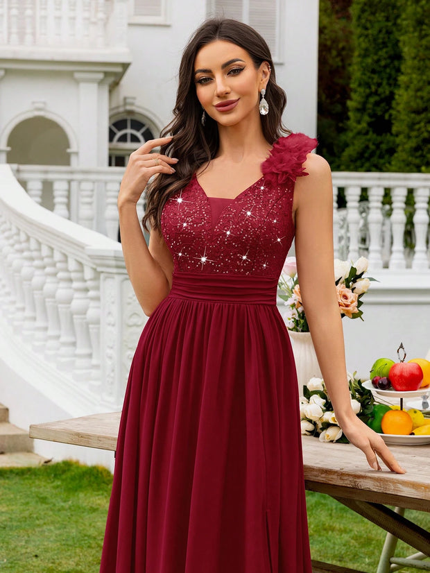 MIUSOL Sequin Floral Lace Sweetheart Neck Sleeveless Ruched Chiffon Split Thigh Formal Party Maxi Dress