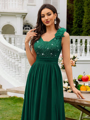 MIUSOL Sequin Floral Lace Sweetheart Neck Sleeveless Ruched Chiffon Split Thigh Formal Party Maxi Dress