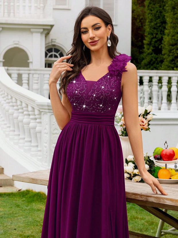 MIUSOL Sequin Floral Lace Sweetheart Neck Sleeveless Ruched Chiffon Split Thigh Formal Party Maxi Dress