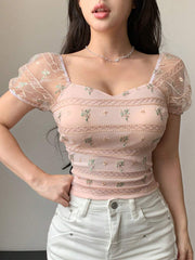 Mesh Embroidered See-Through Short Sleeve Slim Fit Women Top Going Out Tops Floral Summer Graphic Tee,Crop Tops Women