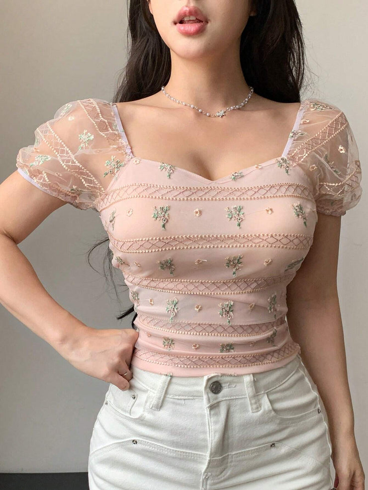 Mesh Embroidered See-Through Short Sleeve Slim Fit Women Top Going Out Tops Floral Summer Graphic Tee,Crop Tops Women