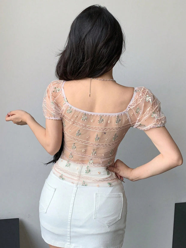 Mesh Embroidered See-Through Short Sleeve Slim Fit Women Top Going Out Tops Floral Summer Graphic Tee,Crop Tops Women