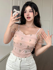 Mesh Embroidered See-Through Short Sleeve Slim Fit Women Top Going Out Tops Floral Summer Graphic Tee,Crop Tops Women