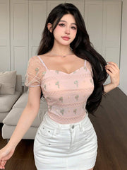 Mesh Embroidered See-Through Short Sleeve Slim Fit Women Top Going Out Tops Floral Summer Graphic Tee,Crop Tops Women