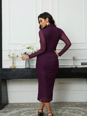 Seusyu Women's Solid Color Minimalist Long Sleeve Mesh Dress Maxi