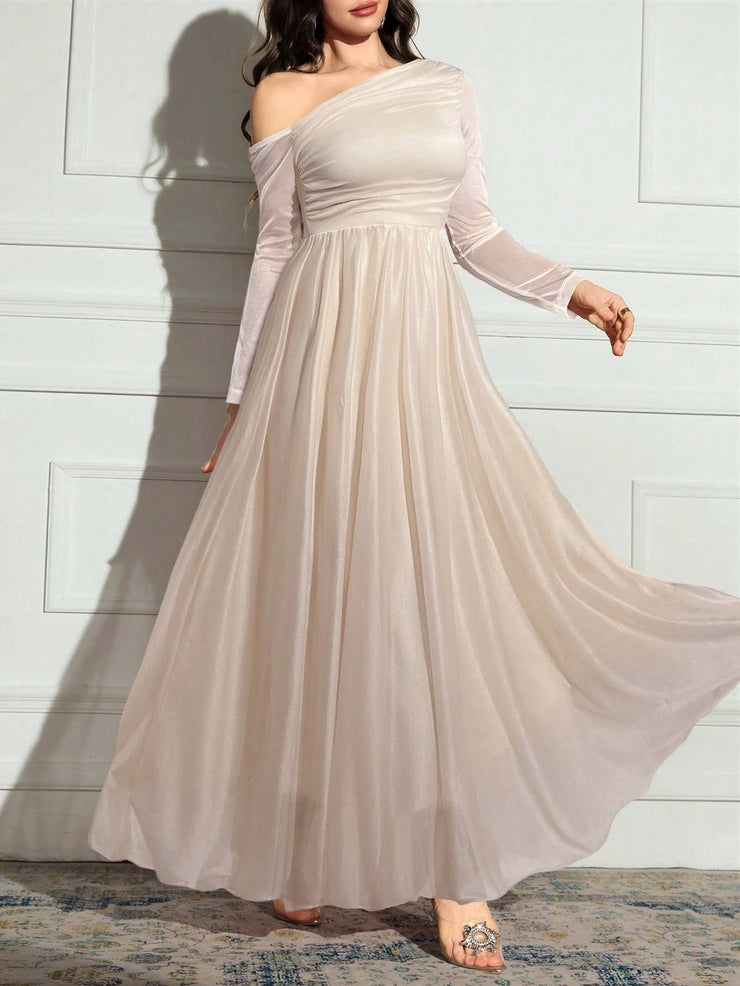 Modelyn Women's Solid Color Asymmetrical Neck Sparkly Glamorous Elegant Dress.