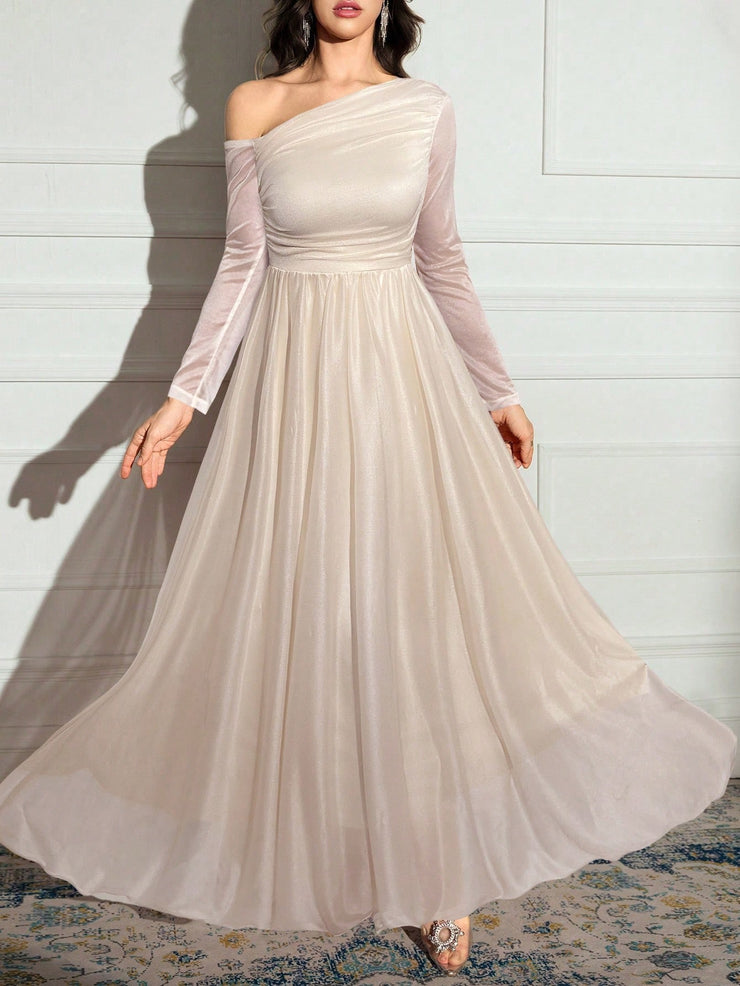 Modelyn Women's Solid Color Asymmetrical Neck Sparkly Glamorous Elegant Dress.