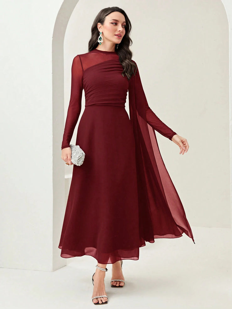 Modelyn Burgundy Red Contrast Mesh Ruched Dress With Sleeves Dress Long Evening Dresses