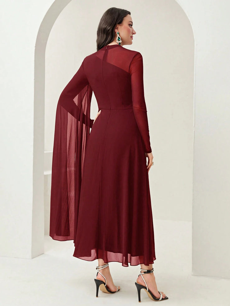 Modelyn Burgundy Red Contrast Mesh Ruched Dress With Sleeves Dress Long Evening Dresses