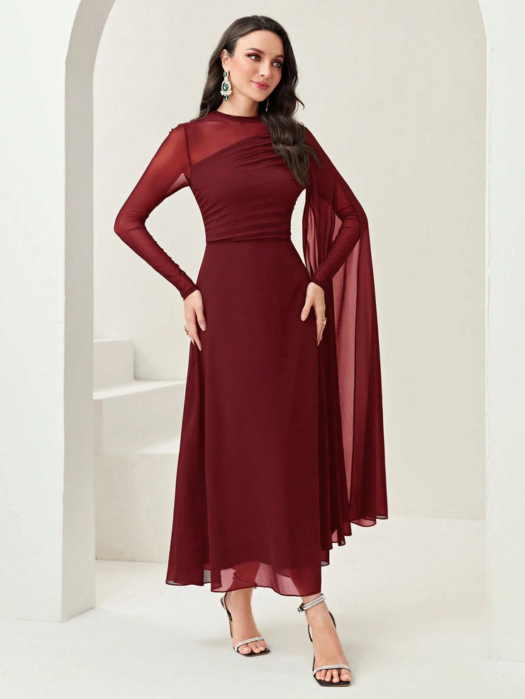 Modelyn Burgundy Red Contrast Mesh Ruched Dress With Sleeves Dress Long Evening Dresses