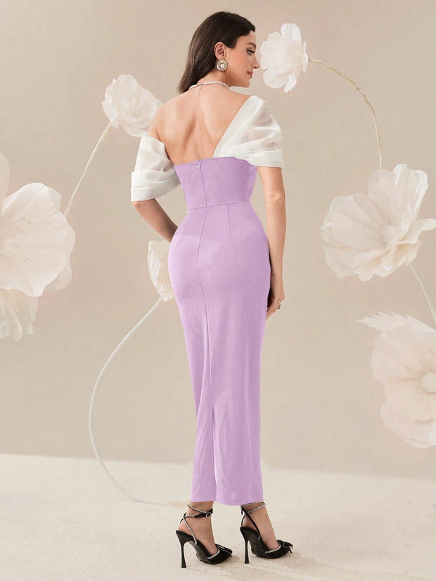 Modelyn Elegant Color Block Splice Women's Summer Long Dress With Rhinestone Decoration