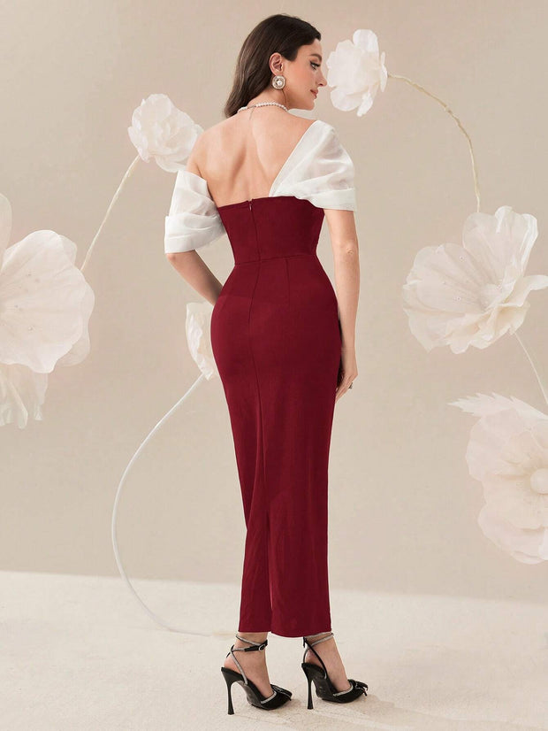 Modelyn Elegant Color Block Splice Women's Summer Long Dress With Rhinestone Decoration